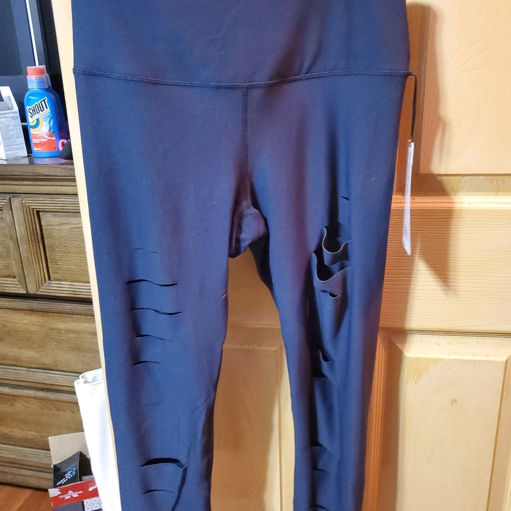 High waisted large navy blue ripped leggings 90 Degree by Reflex